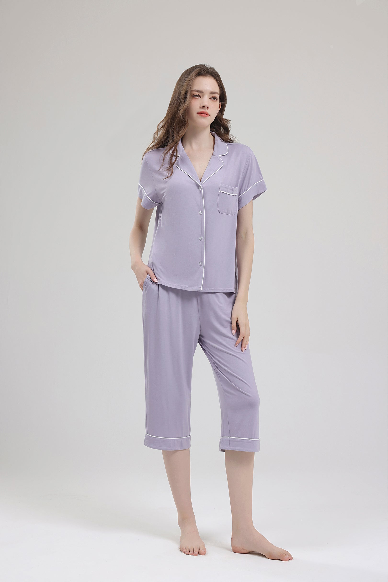 Signature Cropped Pyjamas Shirt in Lilac Grey