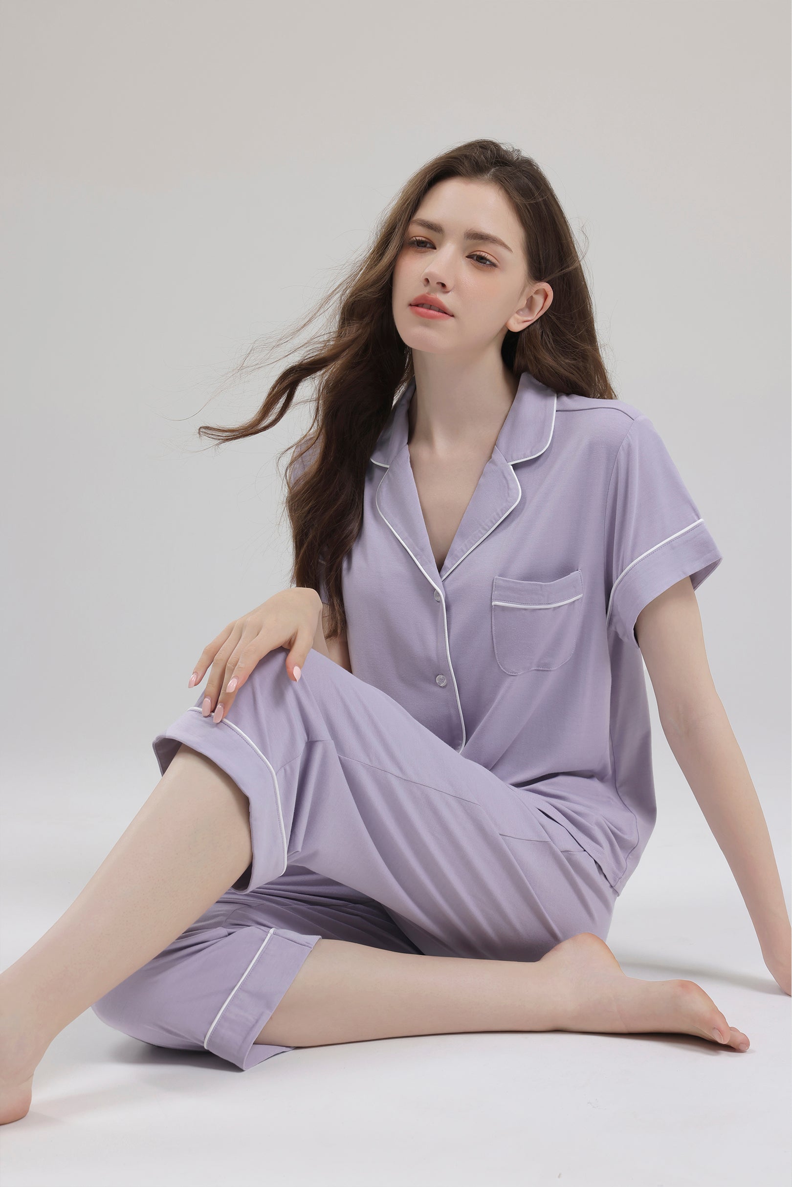 Signature Cropped Pyjamas Shirt in Lilac Grey