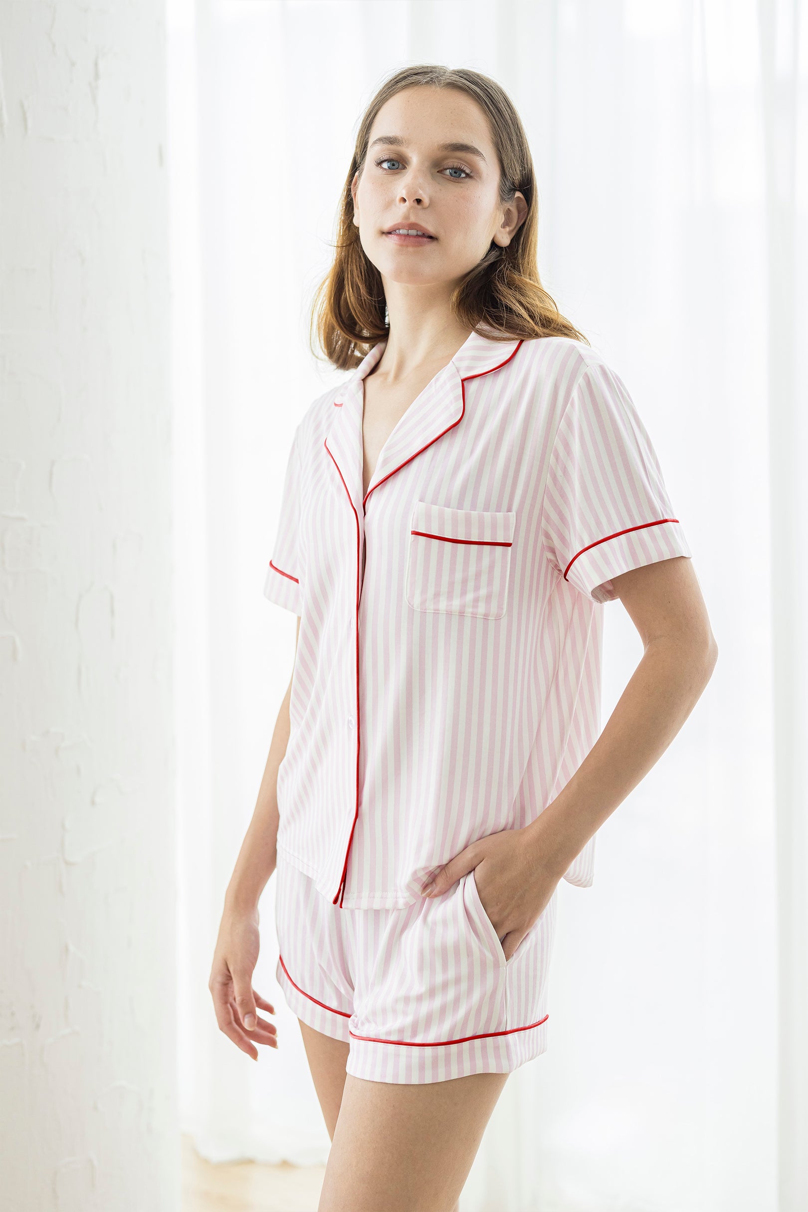 Signature Pyjamas Set in Festive Pink Stripes