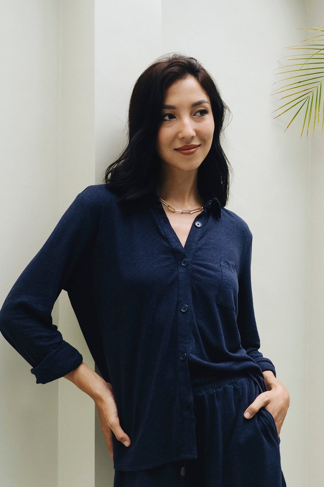 Bamboo-Linen Shirt Set in Midnight Blue