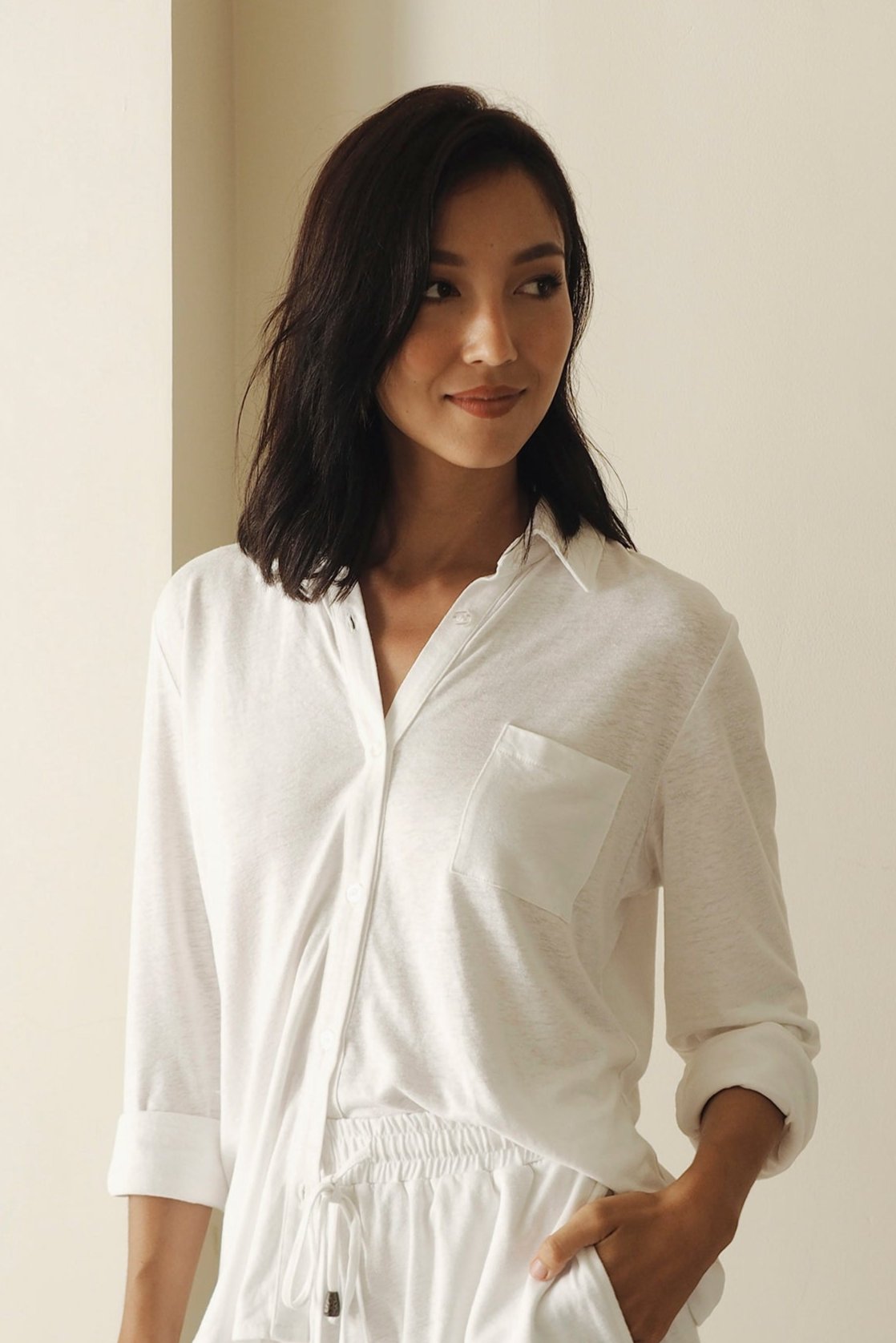 Bamboo-Linen Shirt Set in Whisper White