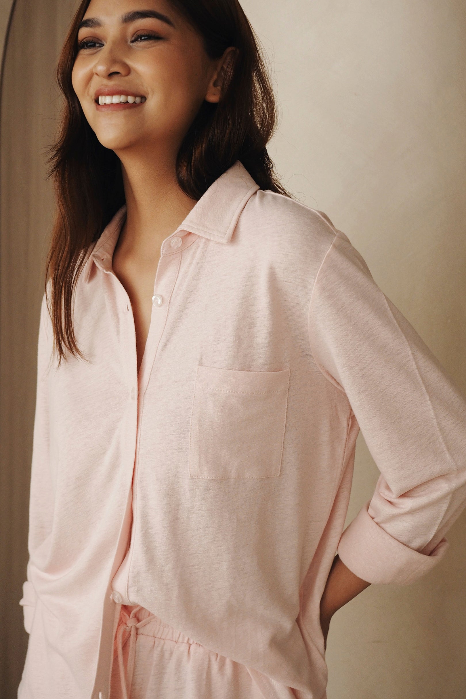 Bamboo-Linen Shirt Set in Soft Pink