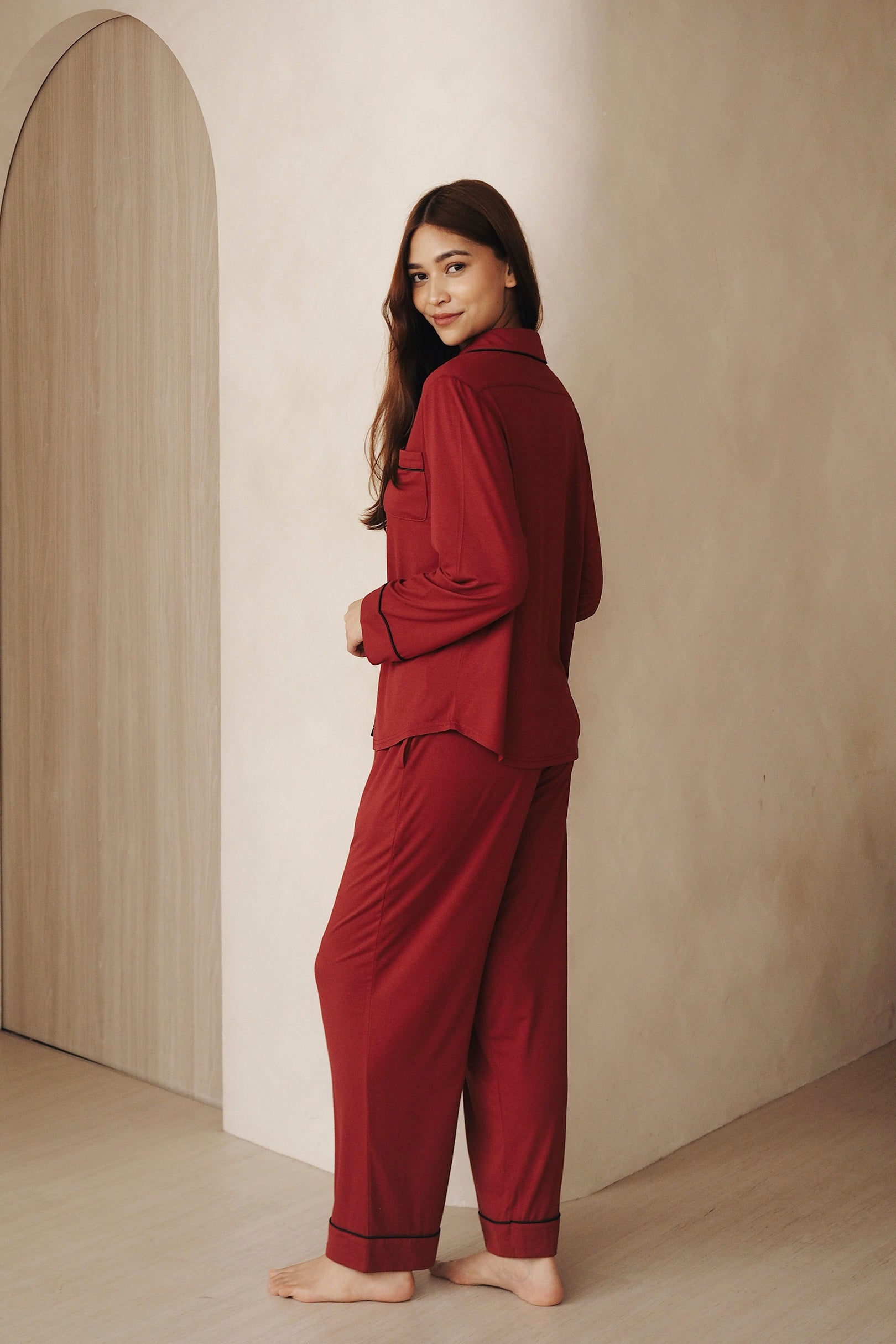 Signature Long Pyjamas Set in Wine